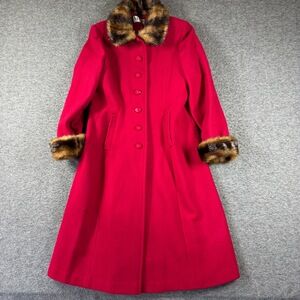 Vintage Mario De Pinto Long Coat Kids 14 Red Faux Fur Trim Retro Elegant